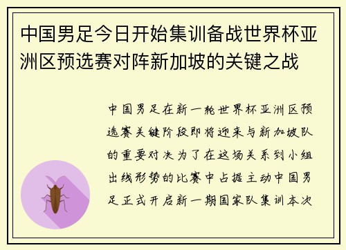 中国男足今日开始集训备战世界杯亚洲区预选赛对阵新加坡的关键之战 中国男足今日开始集训备战世界杯亚洲区预选赛对阵新加坡的关键之战
