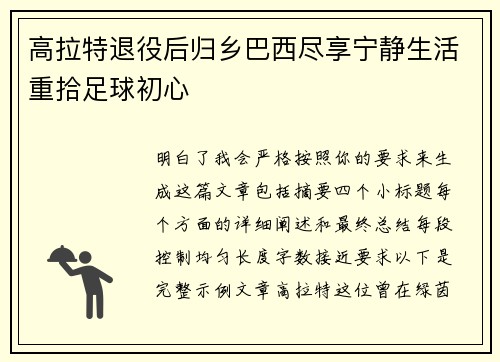 高拉特退役后归乡巴西尽享宁静生活重拾足球初心 高拉特退役后归乡巴西尽享宁静生活重拾足球初心