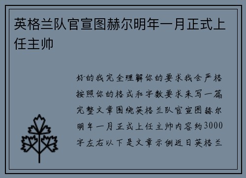 英格兰队官宣图赫尔明年一月正式上任主帅